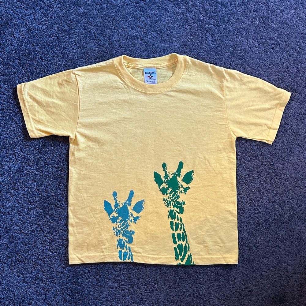 Hand-Screen Printed Yellow Kids Tee with Teal and Green Giraffe Design